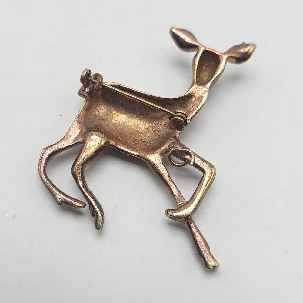 Vintage Copper Fawn Deer Brooch With Rhinestones Red Eyes LOOK AT ALL PICS